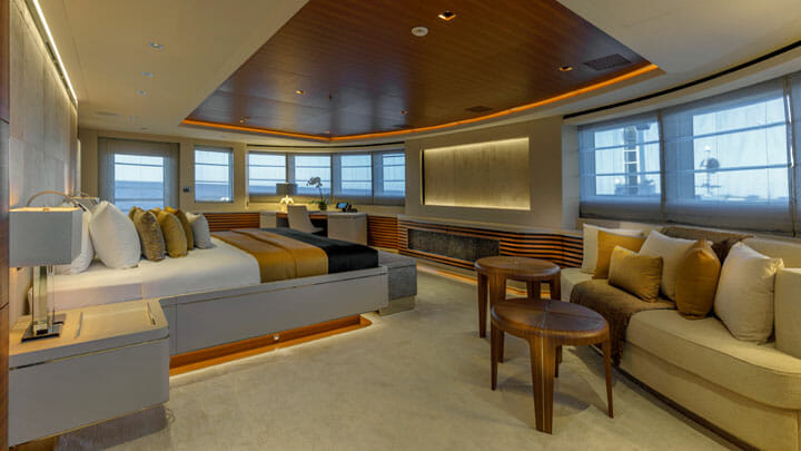 the master suite aboard the VSY Atomic superyacht