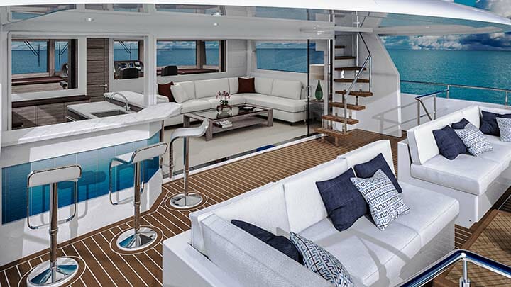 the StellarCat AL25-3 catamaran has a superyacht-like skylounge