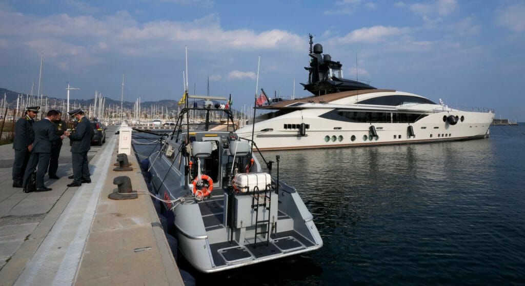 Italian financial police detaining Lady M as part of a superyacht and villa assets seizure; the Russian yacht seizures continue