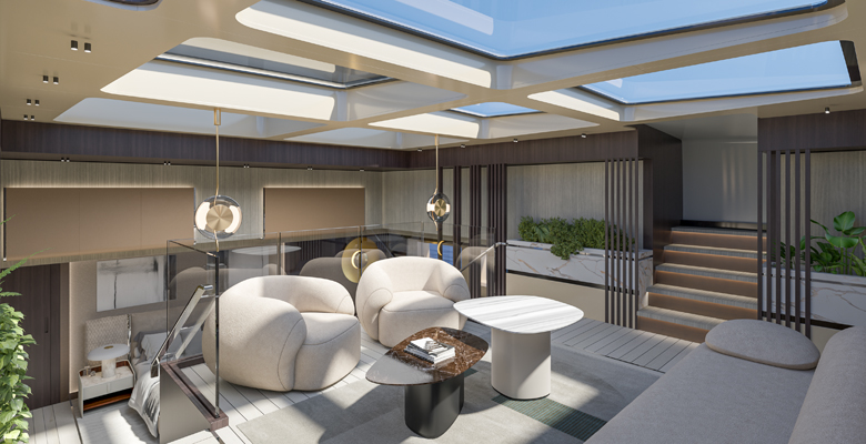 the Columbus Atlantique 65 yacht duplex master lounge