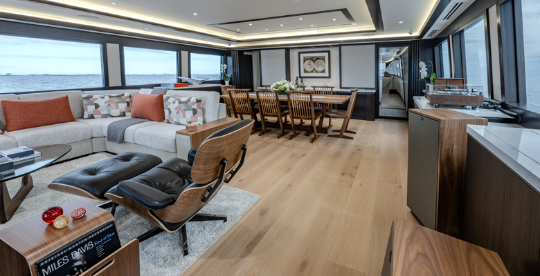 the yacht Emilia has a mid century modern decor