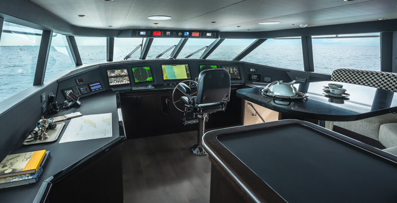 the helm aboard the yacht Emiliar