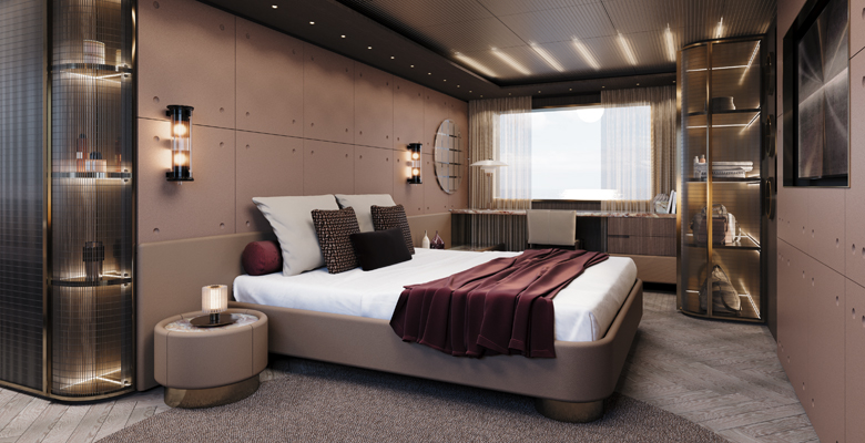 Ocean King Explorer 34M yacht interior burgundy mood